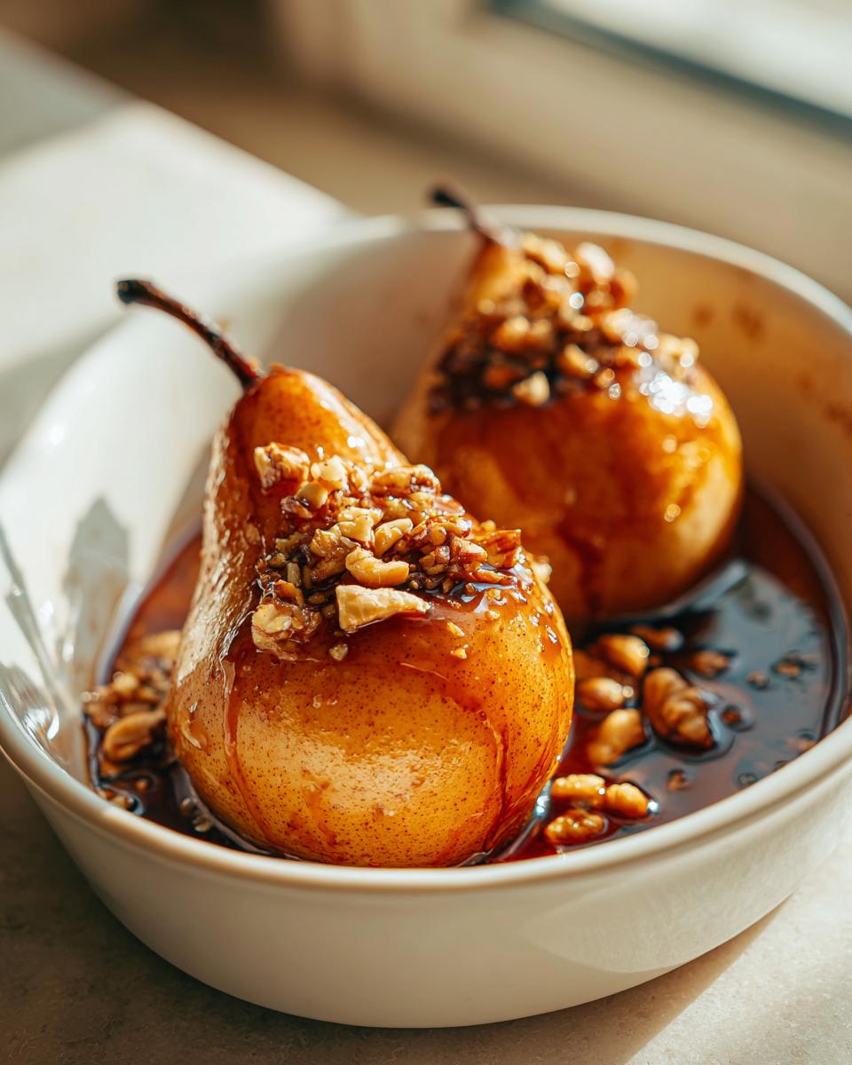 Two glistening baked pears topped with chopped nuts, sitting in a rich caramel sauce in a white bowl.