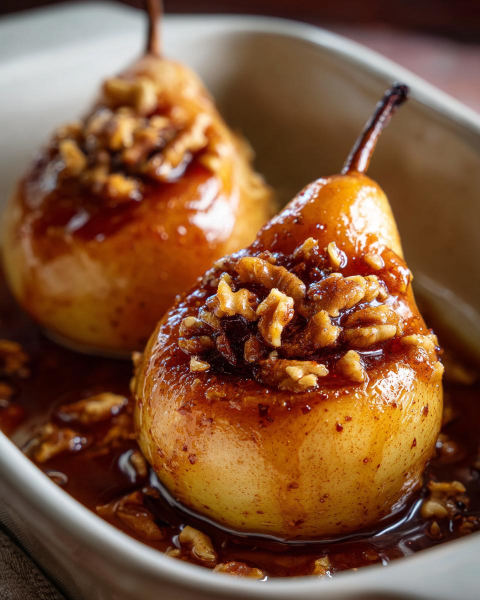 Two glistening, caramelized baked pears topped with crunchy walnuts, sitting in a rich sauce.