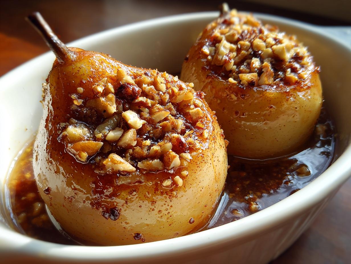 Two glistening baked pears topped with chopped nuts and cinnamon, sitting in a sweet syrup in a white bowl.