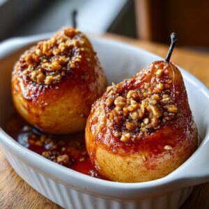 Two glistening baked pears topped with crushed nuts and caramelized syrup in a white baking dish.