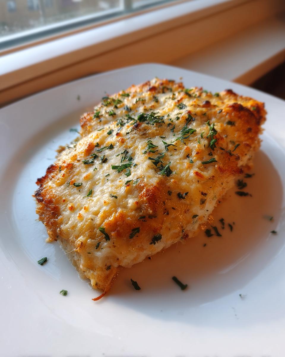 A close-up of a serving of baked ranch chicken topped with melted, golden cheese and fresh parsley.