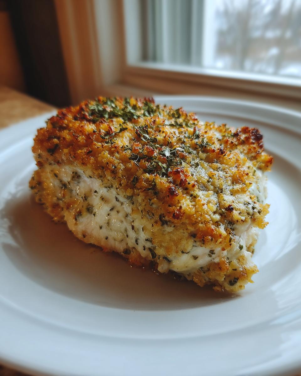 Close-up of a juicy baked ranch chicken breast with a golden, herbed crumb topping served on a white plate.