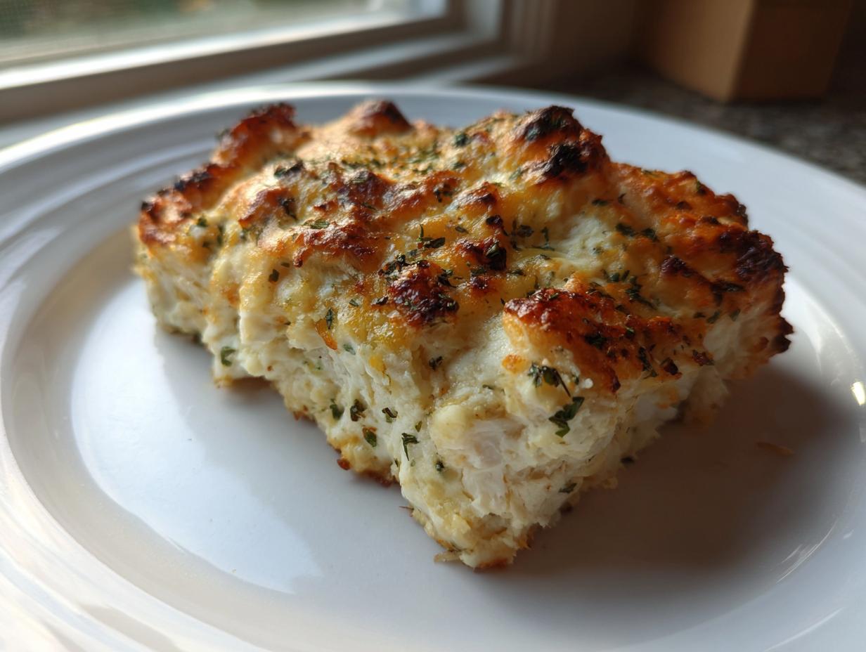 A close-up of a square portion of baked ranch chicken, showing shredded white meat topped with melted, browned cheese and herbs.