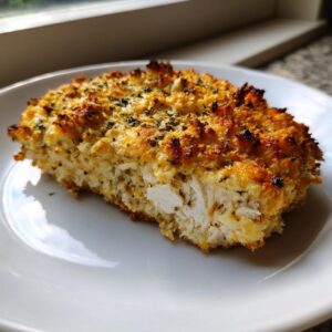 A close-up of a thick slice of baked ranch chicken showing the moist white interior and a golden, crispy, herbed topping.