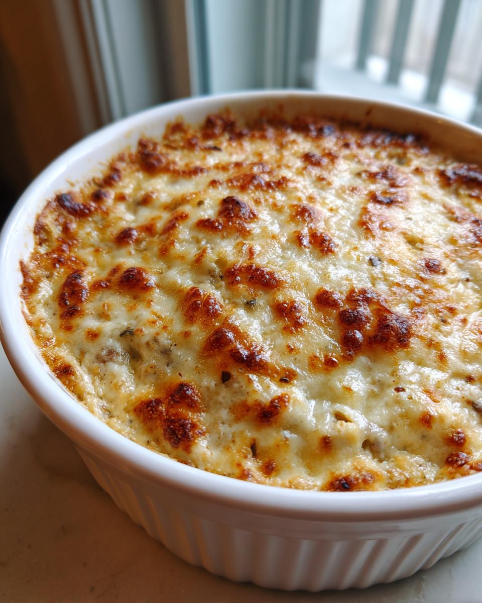 Close-up of hot, baked stuffed mushroom dip in a white ramekin with a bubbly, browned cheese crust.