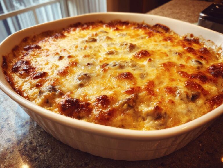 A close-up of hot, baked stuffed mushroom dip in a white oval dish, featuring a bubbly, golden-brown cheese crust.
