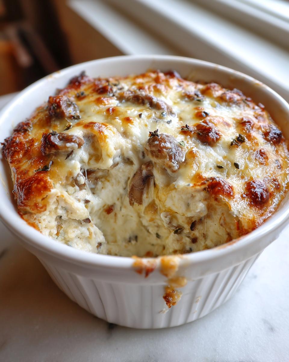 Close-up of hot, bubbly stuffed mushroom dip topped with melted, browned cheese in a white ramekin.