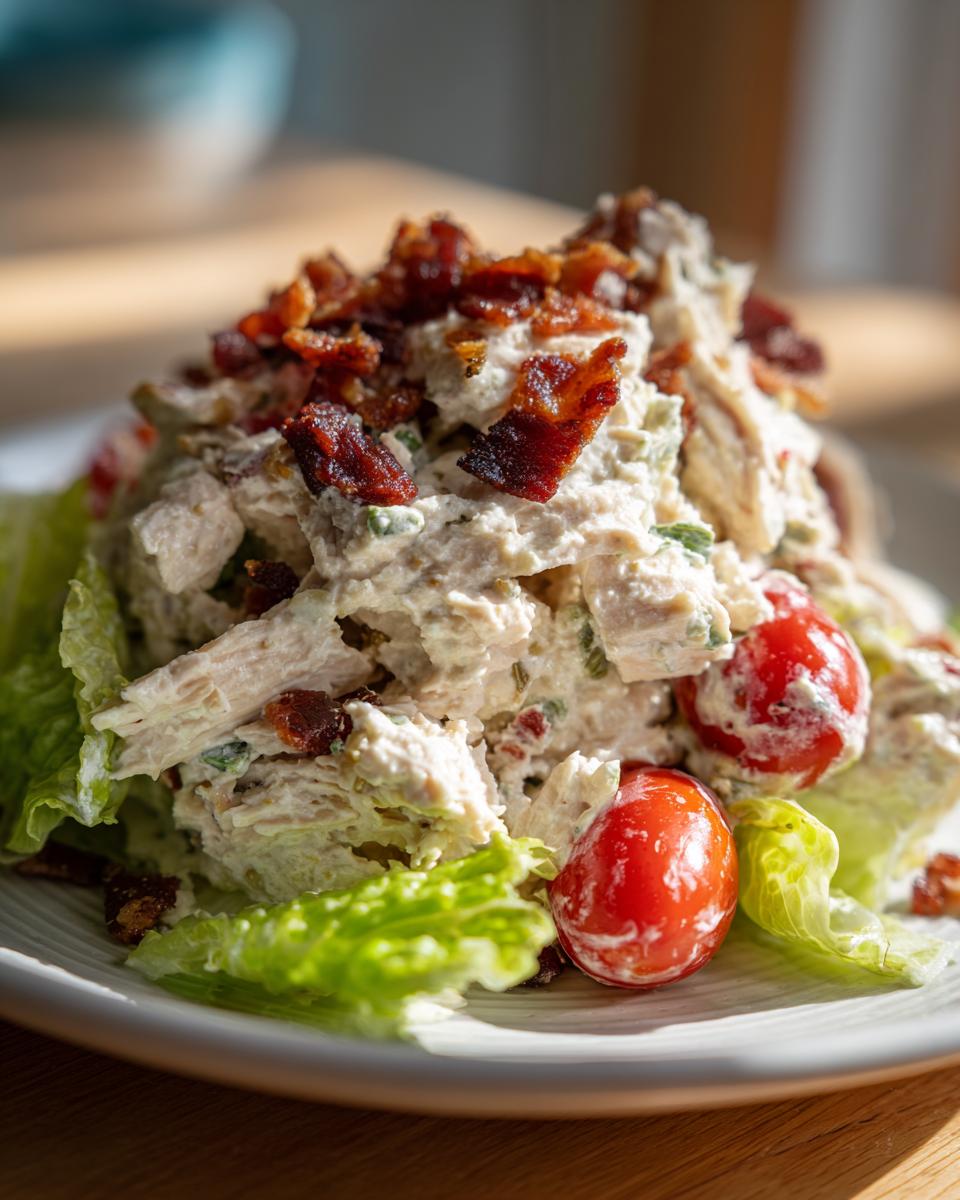 A mound of creamy blt chicken salad topped with crispy bacon bits and served over lettuce with cherry tomatoes.