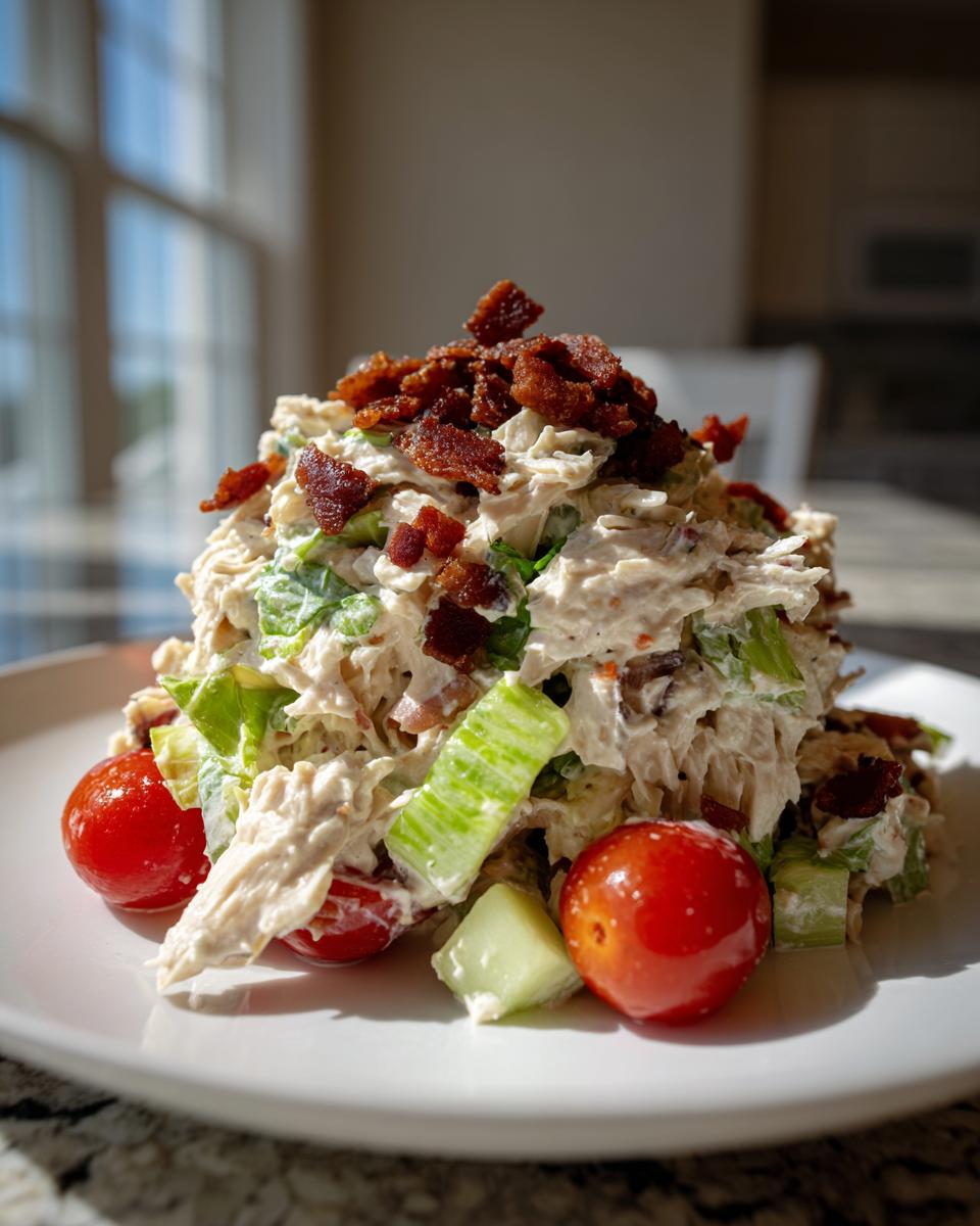A mound of creamy blt chicken salad topped with crispy bacon bits, served with cherry tomatoes and celery on a white plate.