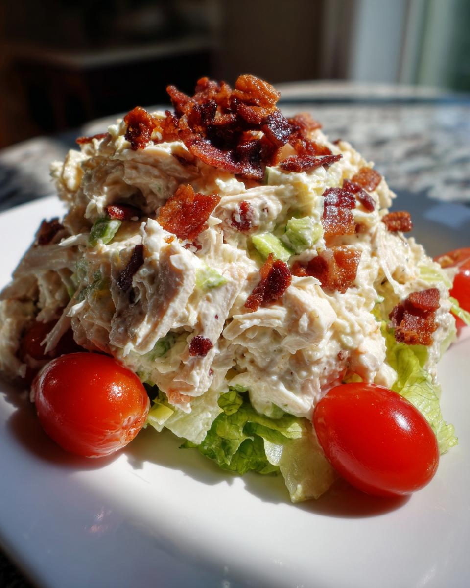 A scoop of creamy blt chicken salad served over lettuce, garnished with cherry tomatoes and crispy bacon bits.