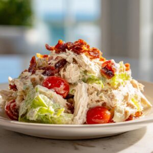 A generous serving of creamy blt chicken salad topped with crispy bacon pieces and bright red cherry tomatoes.