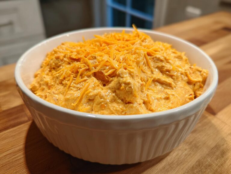 A white ceramic bowl filled with creamy, orange-colored boat dip, topped generously with shredded cheddar cheese.