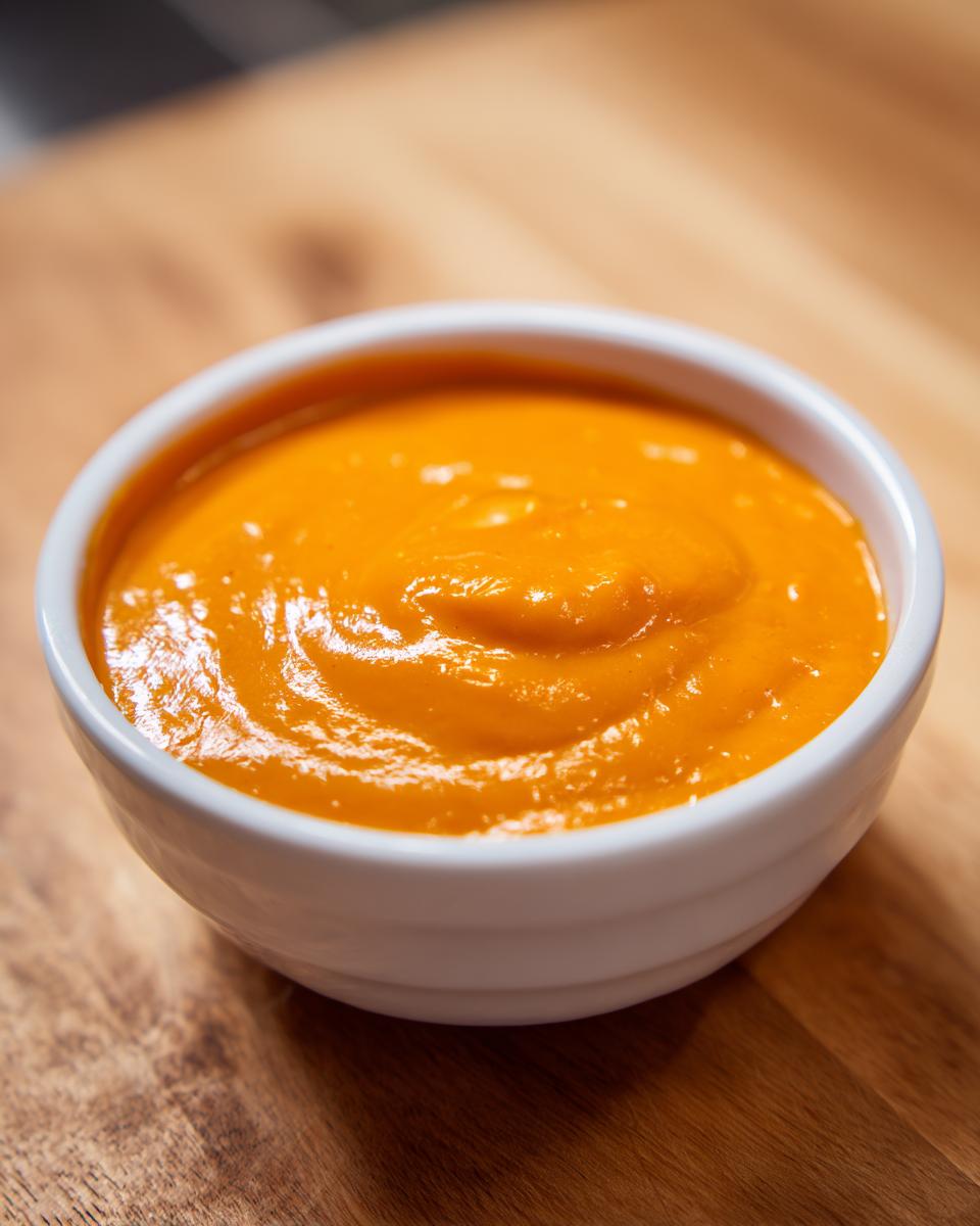 A close-up of a small white bowl filled with smooth, vibrant orange nacho cheese sauce, resting on a wooden surface.