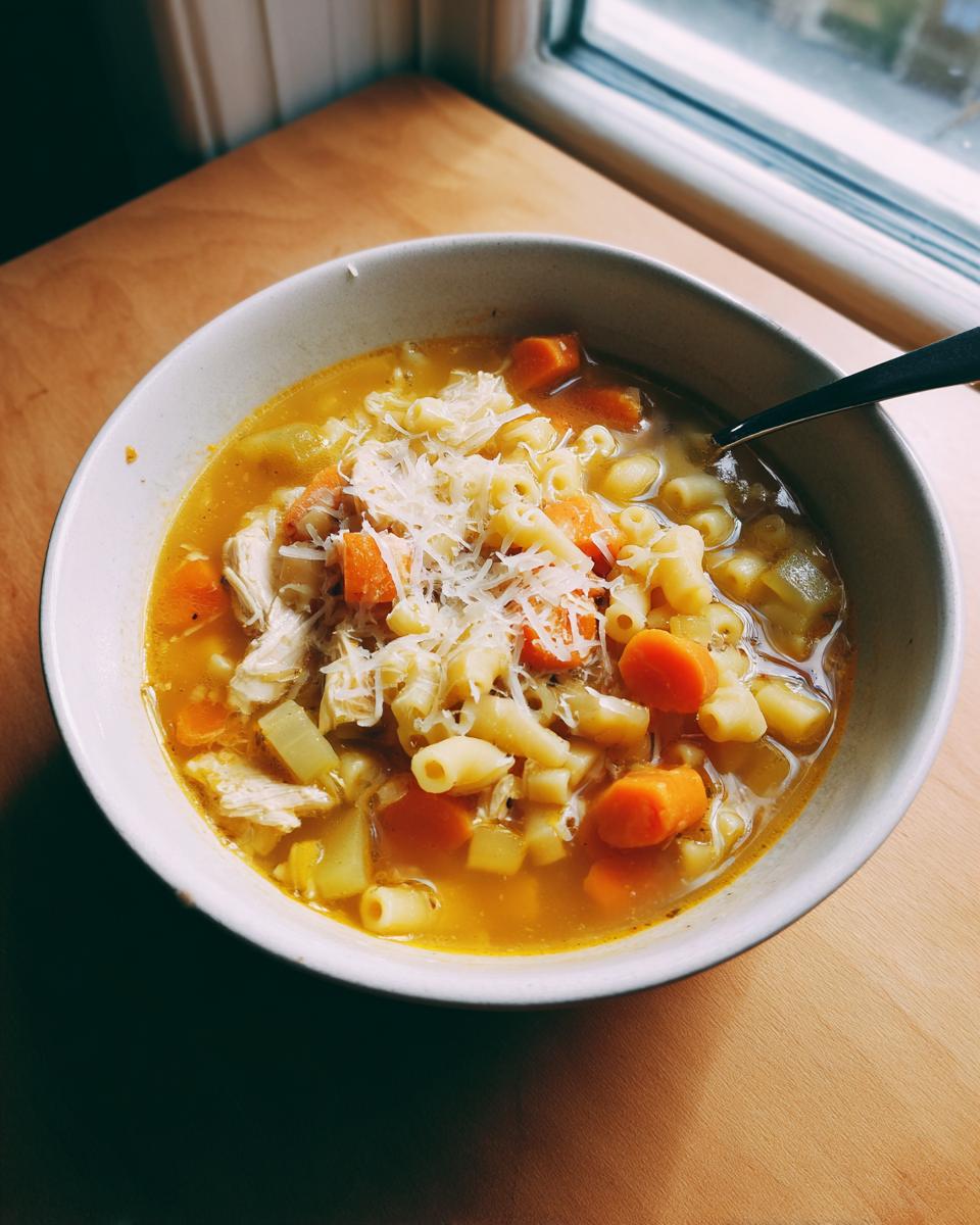 A close-up of a bowl of hot sicilian chicken soup, featuring shredded chicken, elbow macaroni, carrots, and grated cheese.