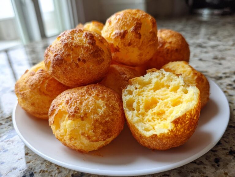 A pile of freshly baked, golden Brazilian cheese bread rolls, one split open showing the airy, cheesy interior.