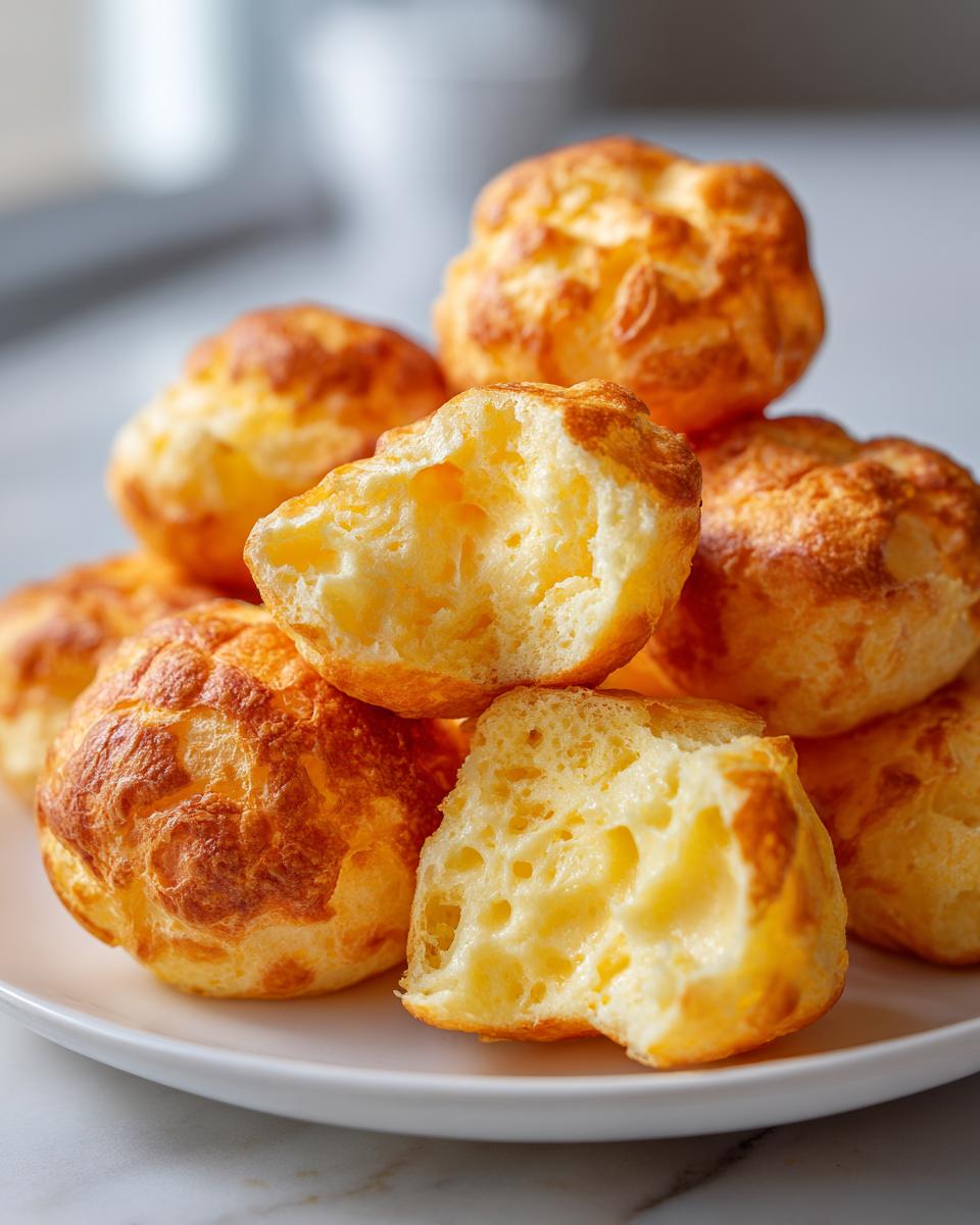 A stack of golden brown Brazilian cheese bread puffs, with one broken open showing the airy, cheesy interior.