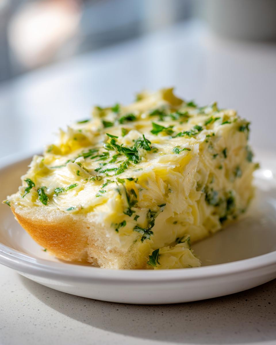 A thick slice of bread generously slathered with homemade garlic butter and sprinkled with fresh green herbs.