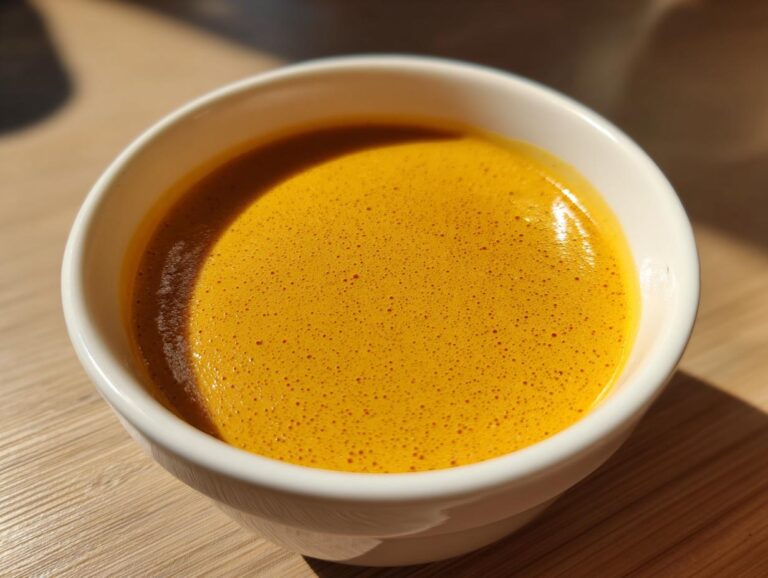 Close-up of vibrant, foamy nacho cheese sauce served in a small white bowl on a wooden surface.