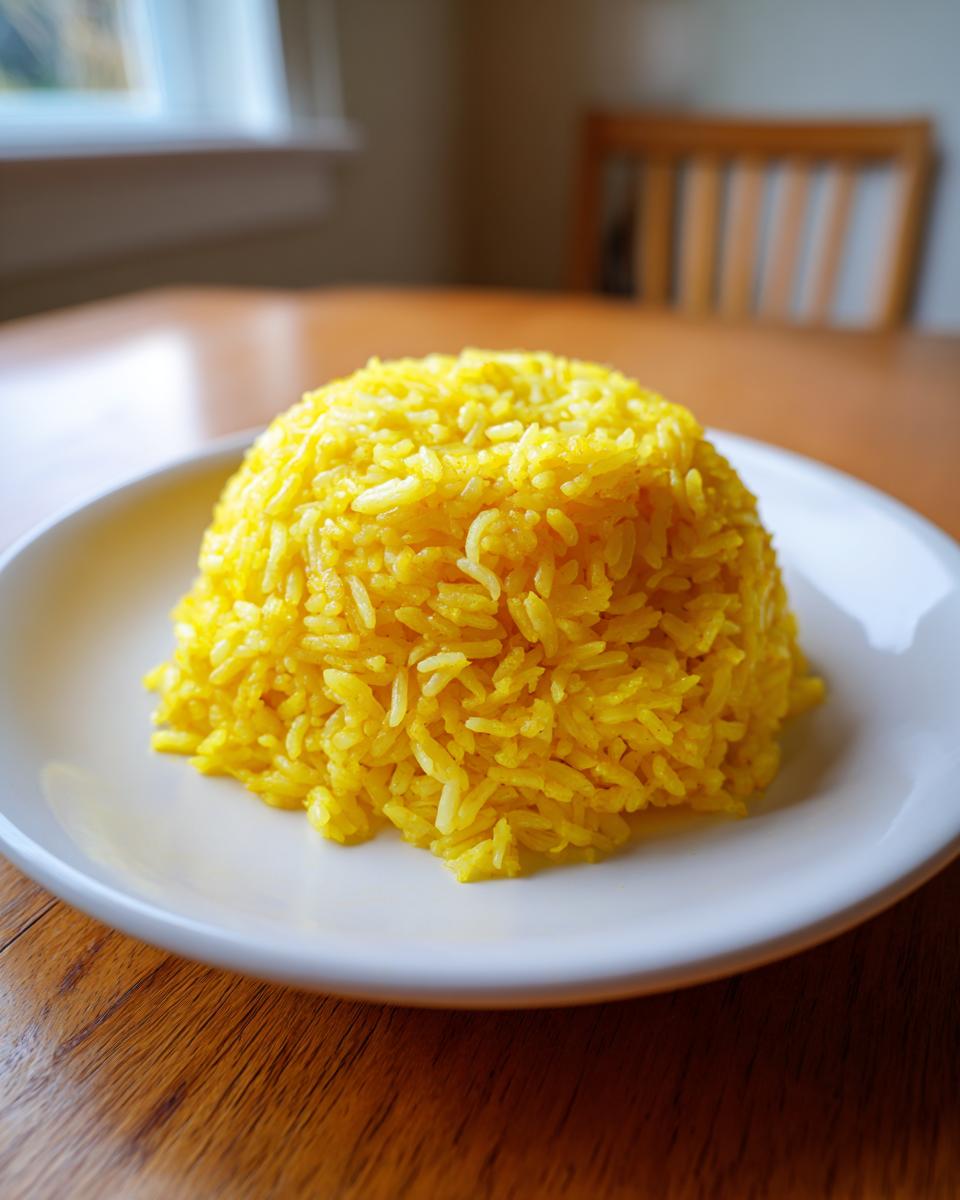 A perfectly molded dome of bright yellow turmeric rice served on a white plate on a wooden table.