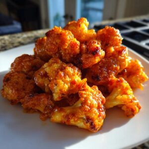 A pile of crispy, glazed buffalo cauliflower bites served on a white plate, glistening under bright light.