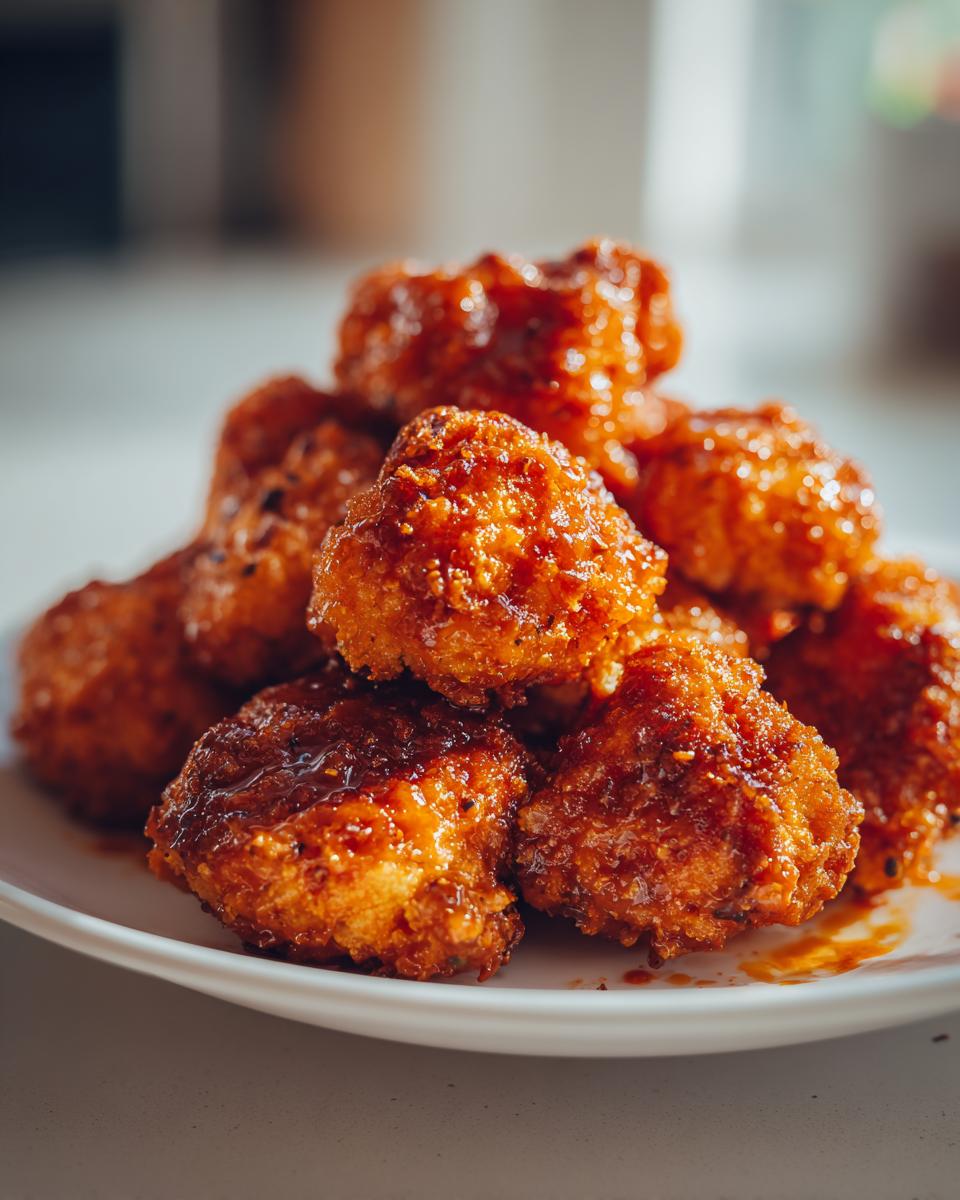A close-up shot of a pile of crispy, glazed buffalo cauliflower bites stacked on a white plate.