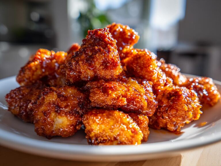 Close-up of crispy, glazed buffalo cauliflower bites piled high on a white plate.