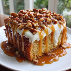 A generous slice of butter pecan praline poke cake topped with white frosting, pecans, and dripping caramel sauce.