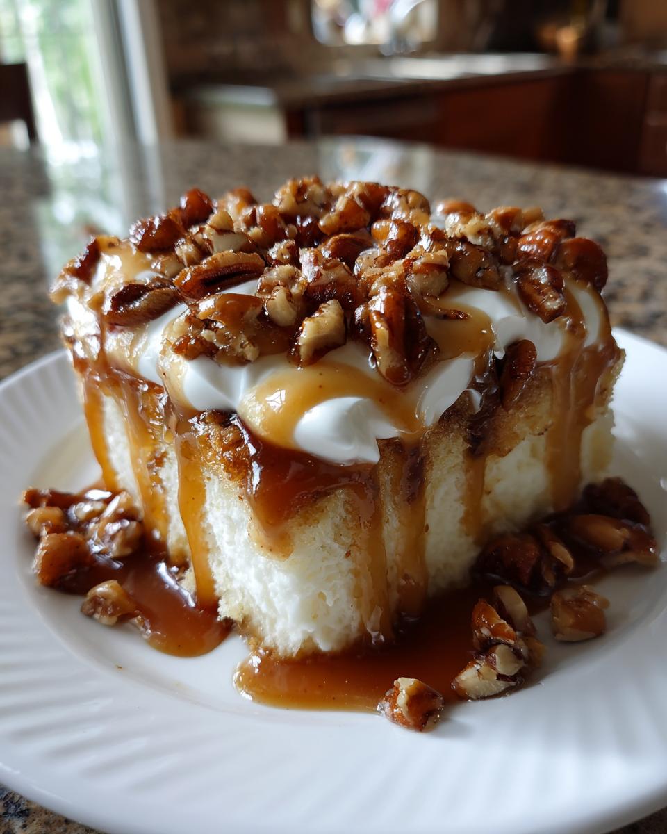 A close-up of one slice of butter pecan praline poke cake topped with whipped cream, caramel sauce, and candied pecans.