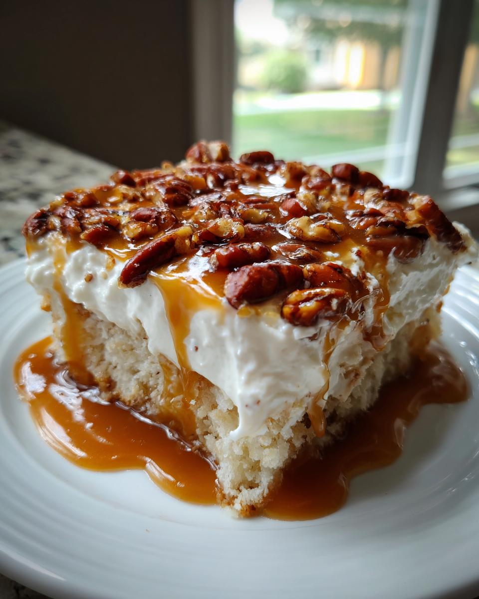 A decadent slice of butter pecan praline poke cake topped with whipped cream, pecans, and dripping caramel sauce.