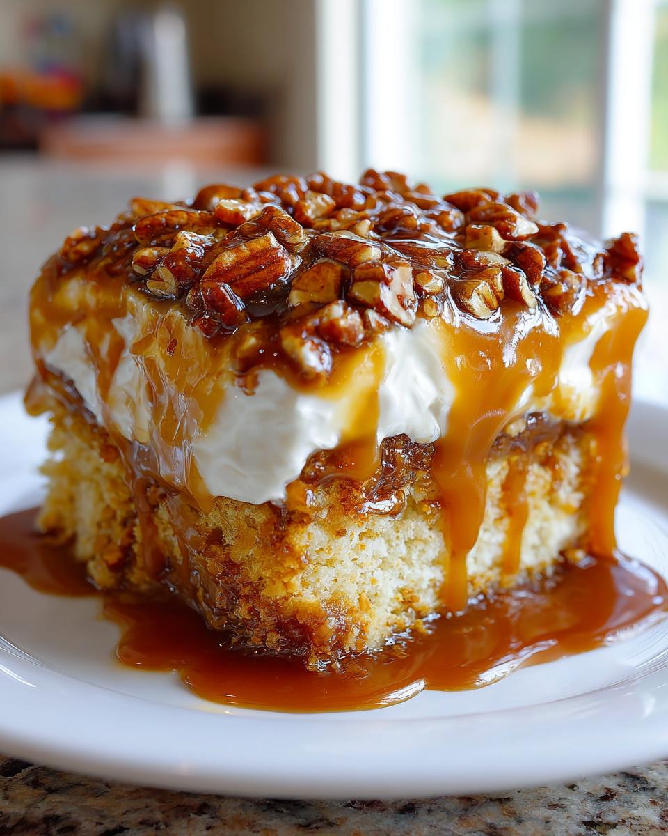 A decadent slice of butter pecan praline poke cake topped with whipped cream and dripping with caramel sauce and pecans.