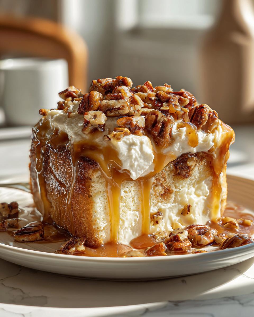 A decadent slice of butter pecan praline poke cake topped with whipped cream, caramel drizzle, and toasted pecans.