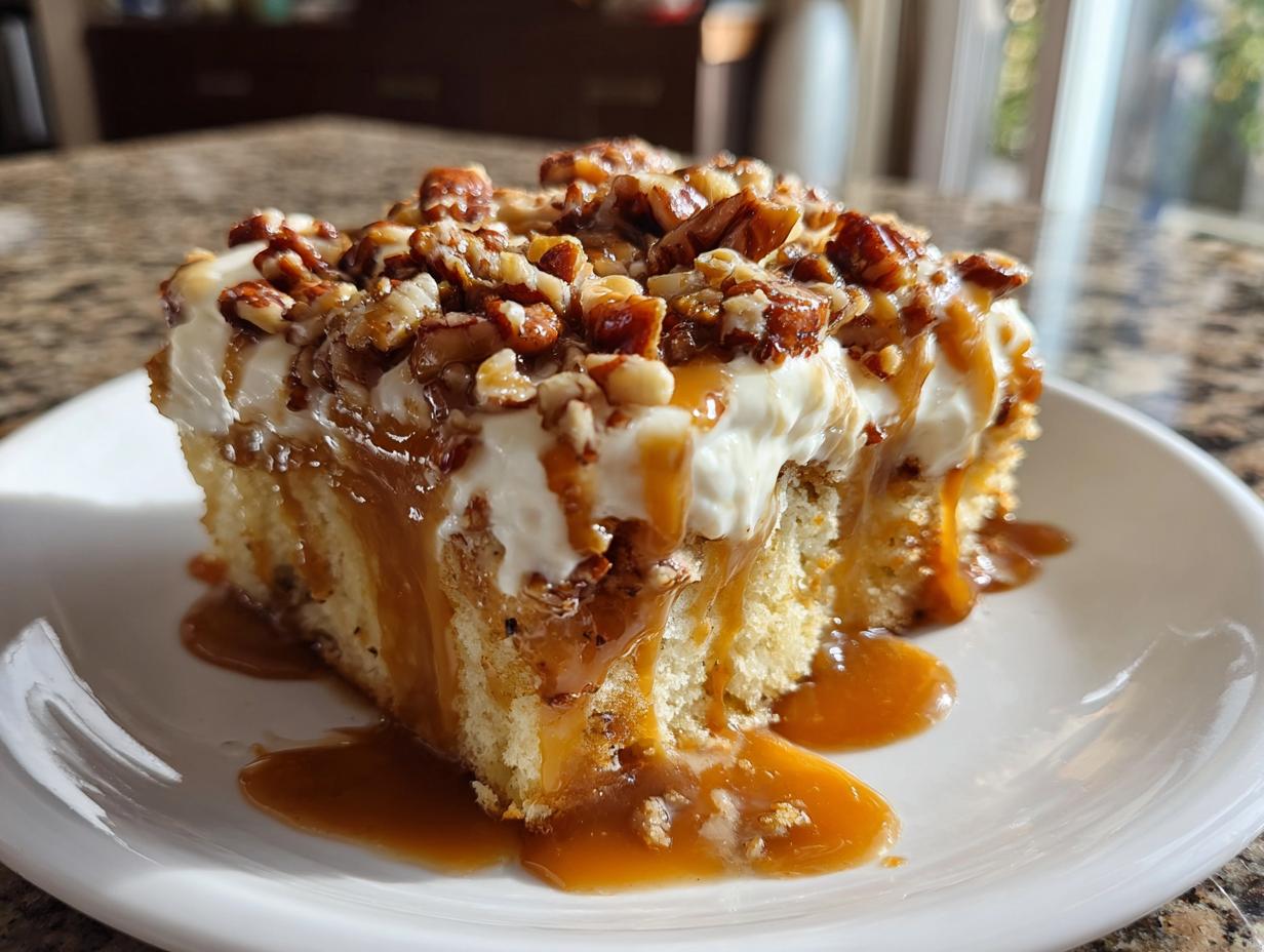 A decadent slice of butter pecan praline poke cake topped with whipped cream, pecans, and dripping caramel sauce.