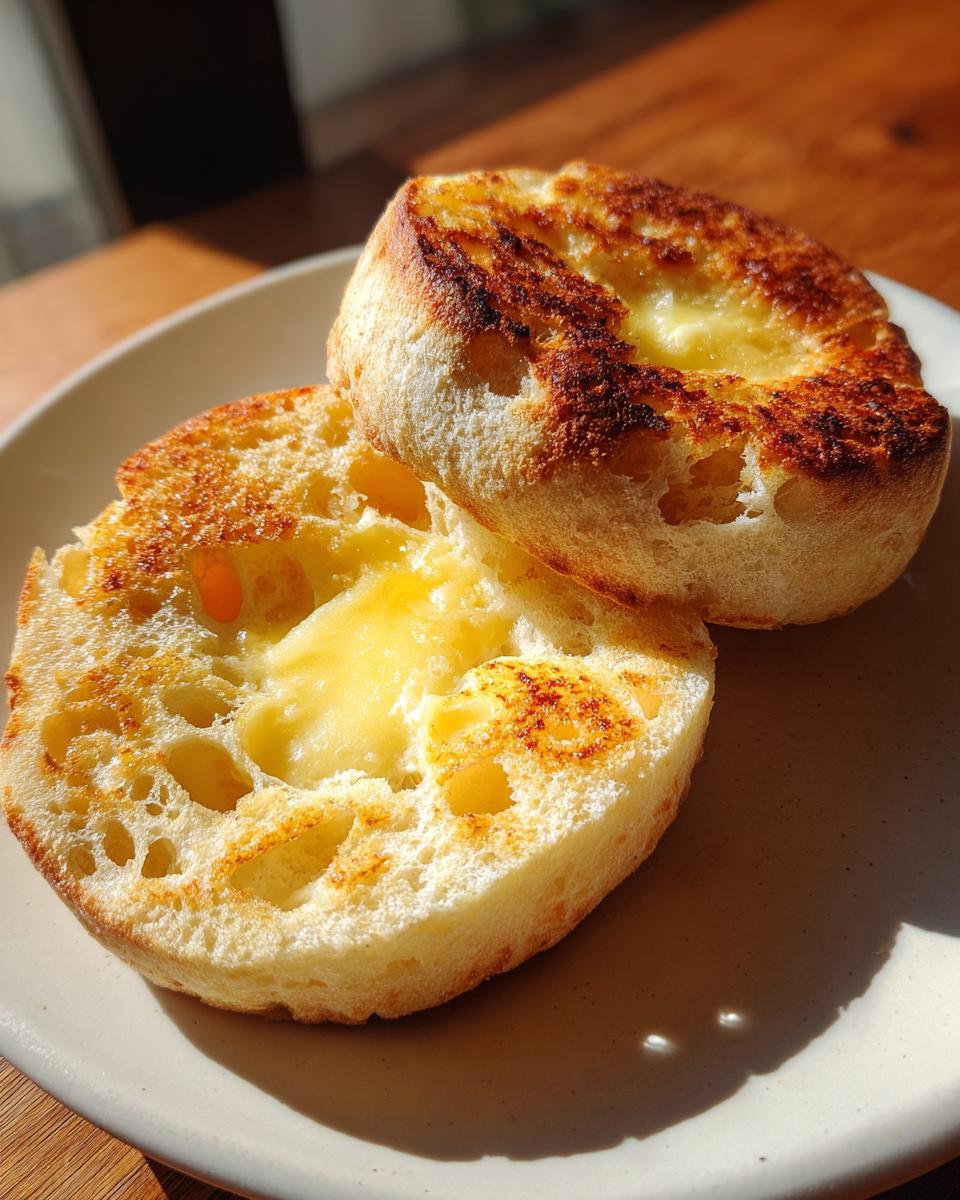 Close-up of a toasted english muffin, split in half and generously buttered, sitting on a light plate.