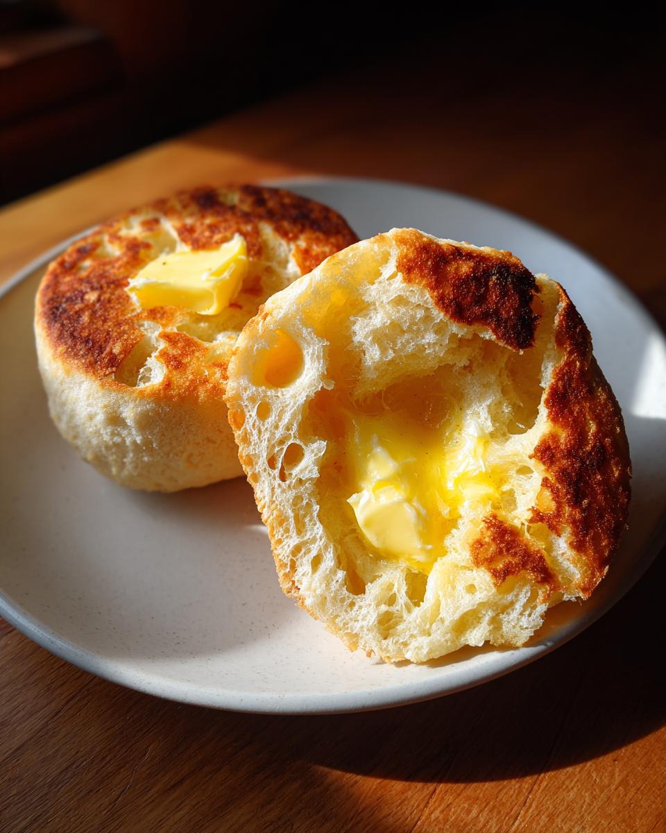 Close-up of a toasted English muffin, split open with melting butter soaking into the nooks and crannies.