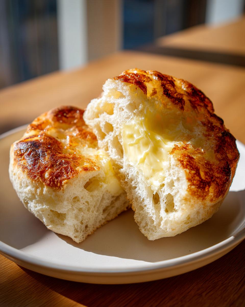 Close-up of a toasted english muffin, split open to show melted butter soaking into the airy interior.