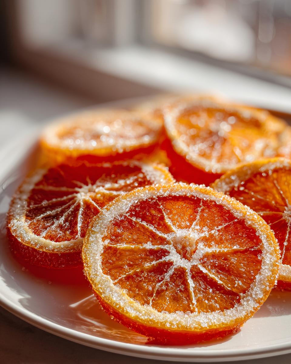 Close-up of glistening candied orange slices heavily coated in granulated sugar, resting on a white plate.