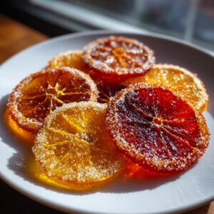 Close-up of several glistening candied orange slices, coated in sugar, resting on a white plate.