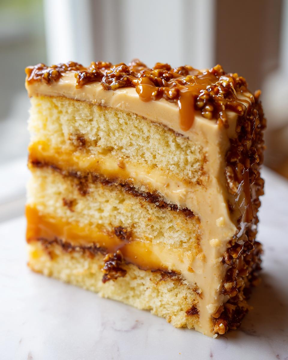 Close-up of a decadent slice of caramel crunch cake showing multiple layers of sponge, cream, and caramel filling.