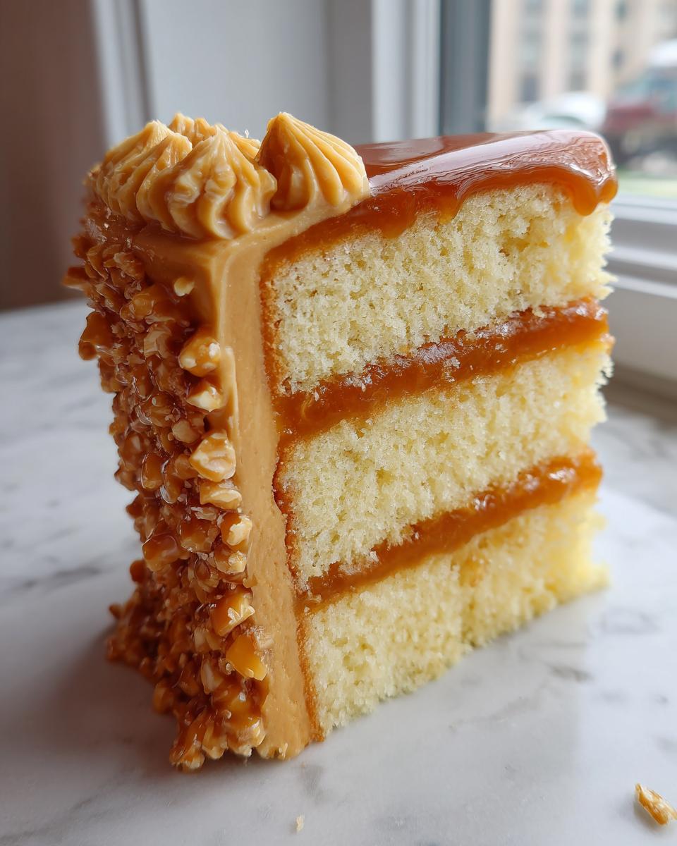 A tall slice of caramel crunch cake showing three layers of vanilla cake and caramel filling, coated in caramel frosting and nuts.