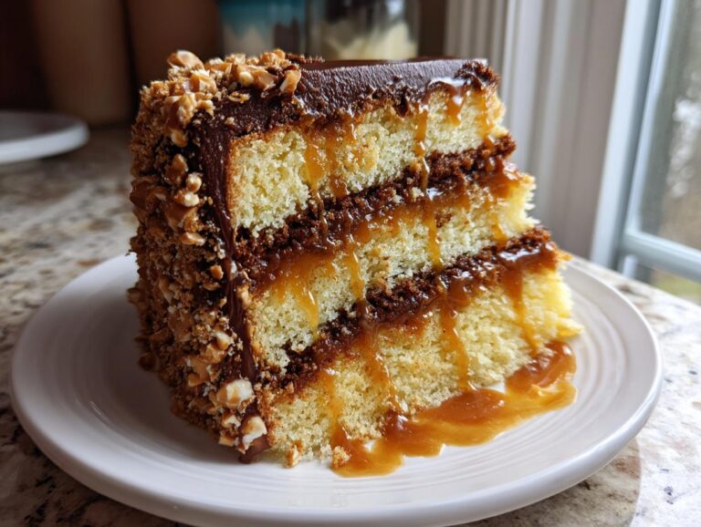 A decadent slice of caramel crunch cake showing three layers of yellow cake, chocolate filling, and dripping caramel sauce.