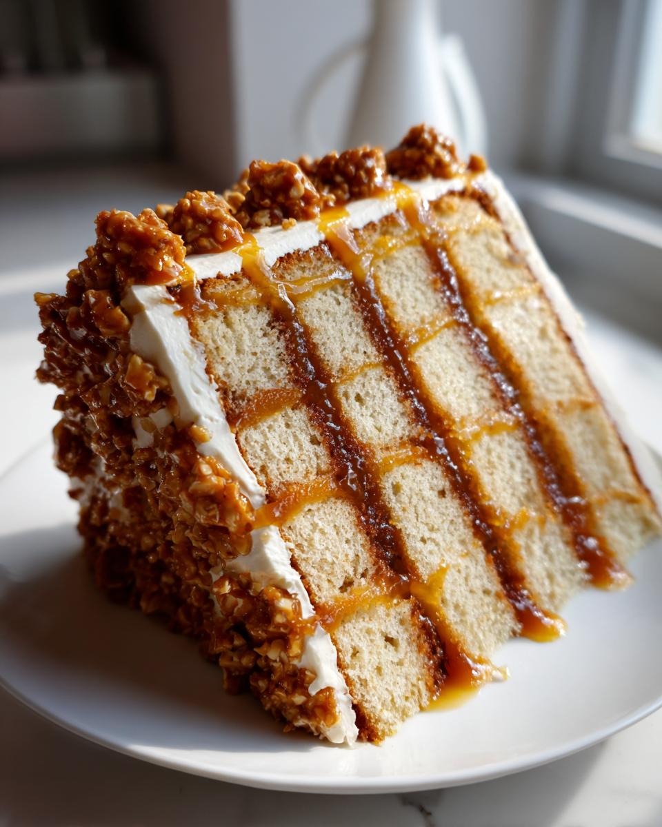 A tall slice of caramel crunch cake showing multiple layers of sponge, caramel filling, and white frosting covered in crunchy topping.