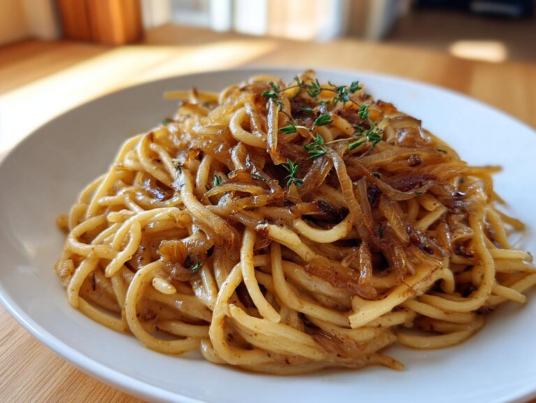 A close-up of a white bowl filled with creamy caramelized onion pasta, topped with fresh thyme sprigs.
