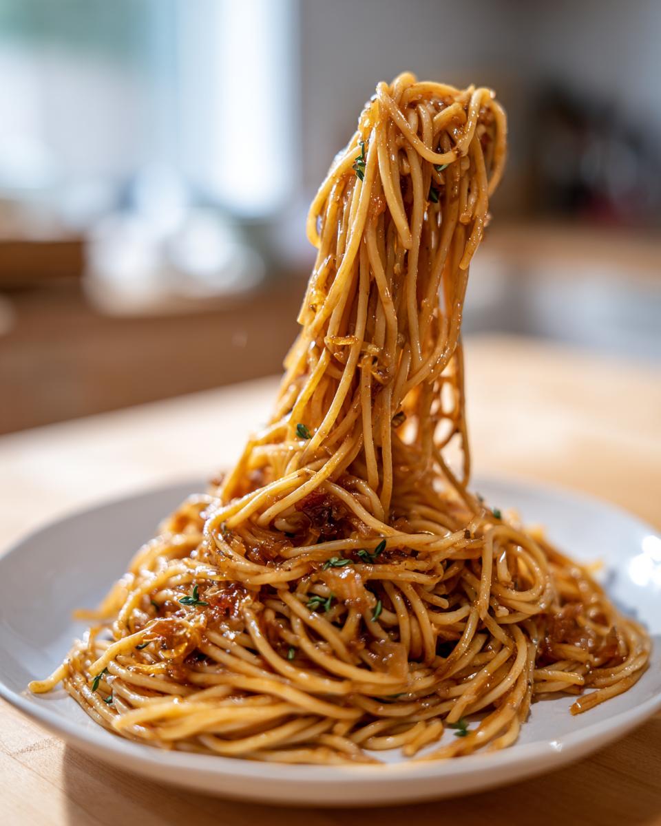 A fork lifts a tall swirl of spaghetti coated in rich sauce from a plate of caramelized onion pasta.