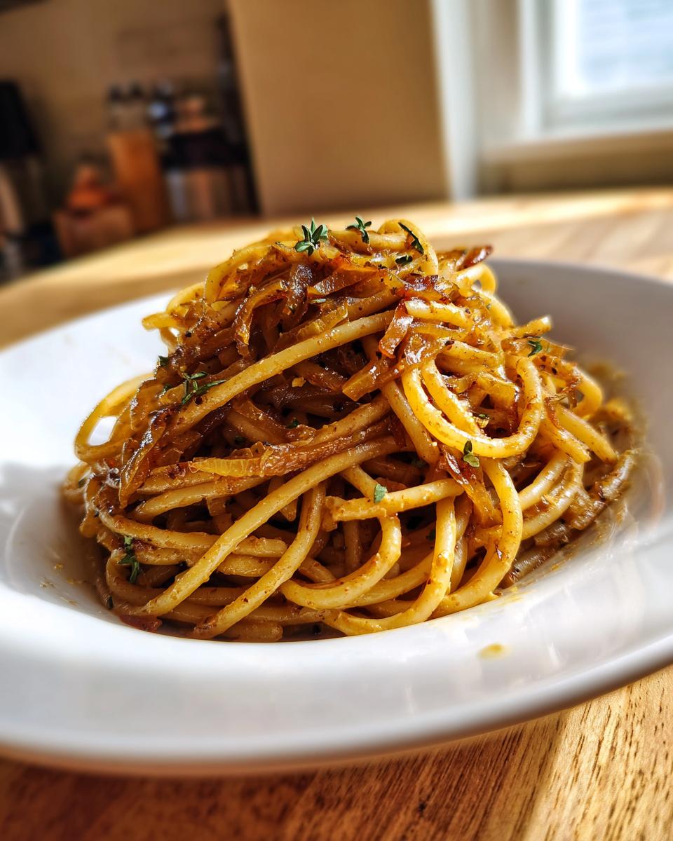 A close-up shot of a serving of rich, saucy caramelized onion pasta garnished with fresh thyme.