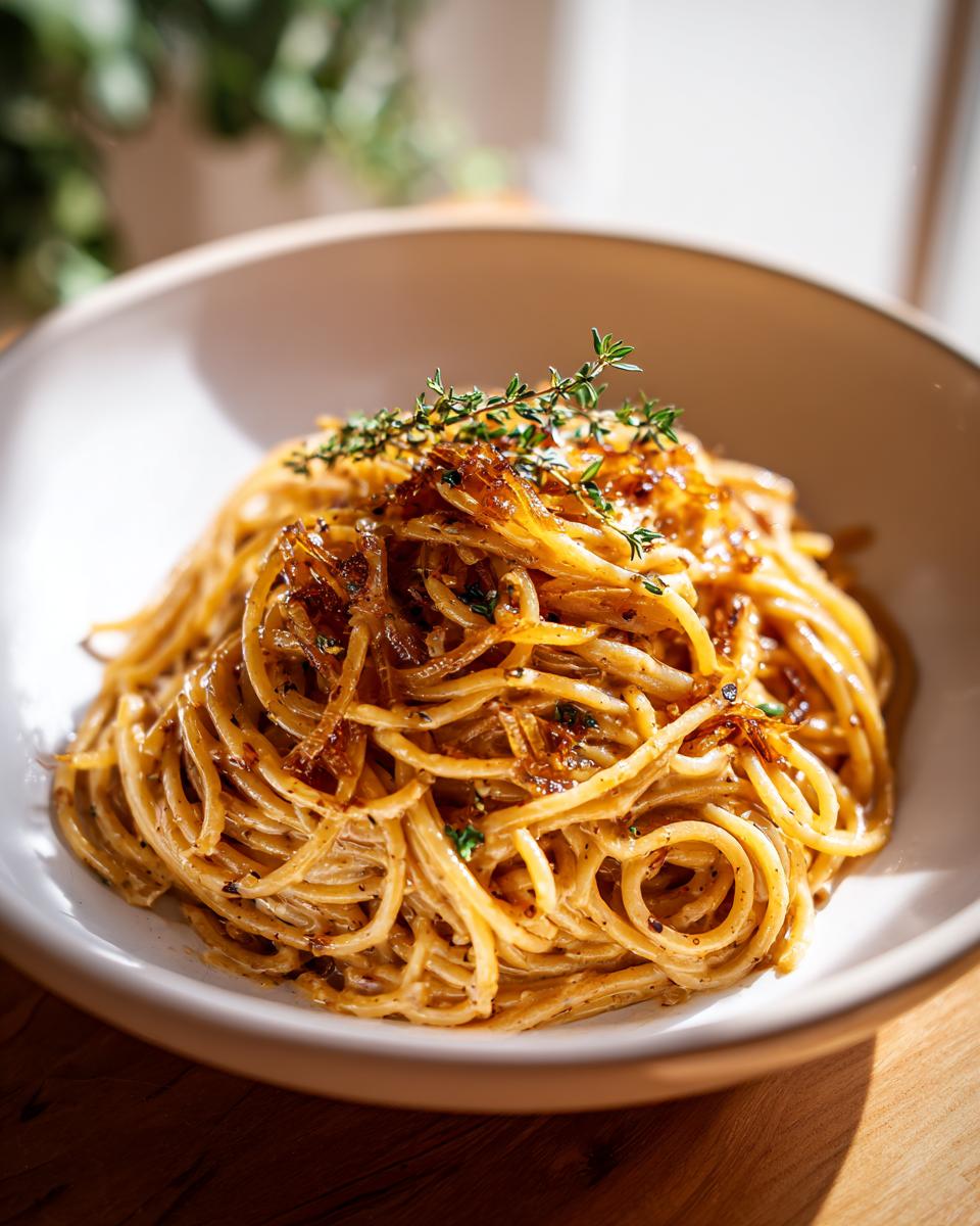 A close-up shot of a serving of rich caramelized onion pasta, topped with fresh thyme sprigs.