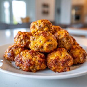 A close-up of a pile of golden brown, cheesy bisquick sausage balls served on a white plate.