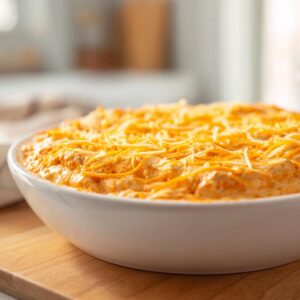 Close-up of a creamy, orange-colored boat dip topped with shredded cheddar cheese in a white serving bowl.