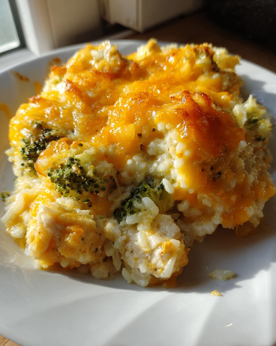 A close-up serving of creamy rice casserole topped with melted, browned cheddar cheese and visible pieces of broccoli.