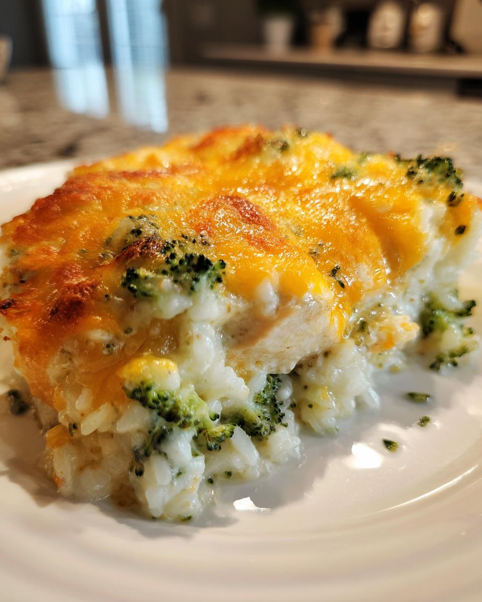 A close-up serving of cheesy broccoli rice casserole with a golden-brown melted cheese topping.