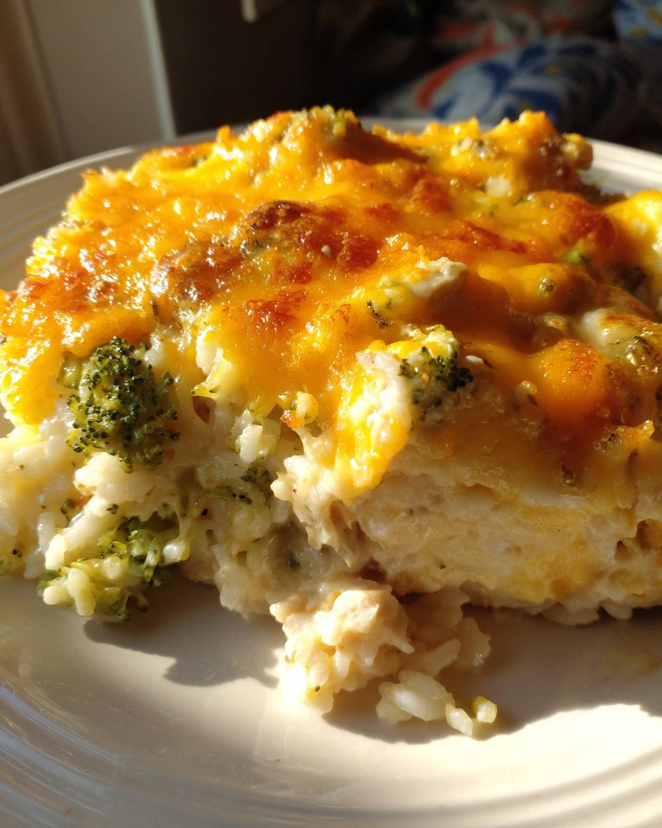 A close-up serving of creamy broccoli rice casserole topped with melted, golden cheddar cheese.
